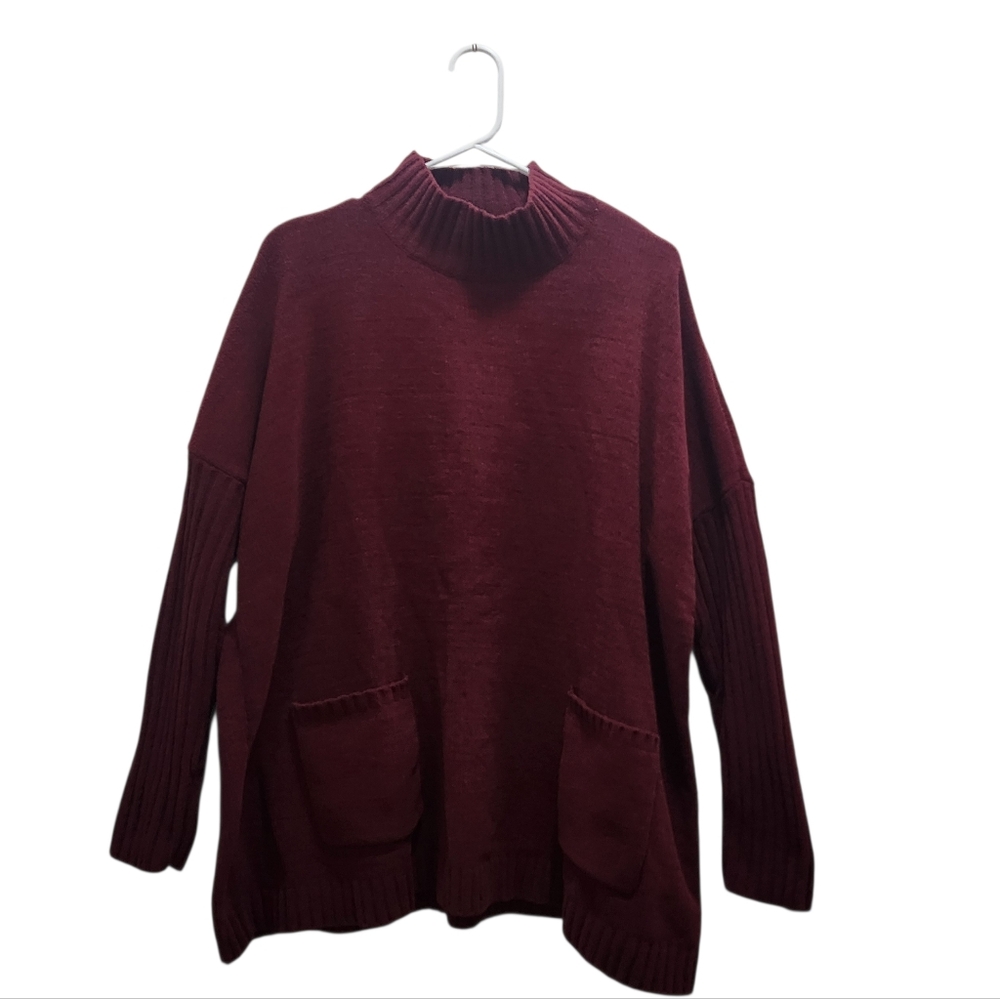 J. Jill Chenille Oversized Sweater Petite Large Bordeaux Pockets Mock Neck Soft
